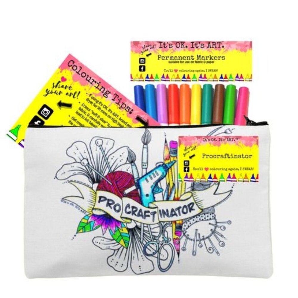Procraftinator Zippered Canvas Pouch With Permanent Markers Set